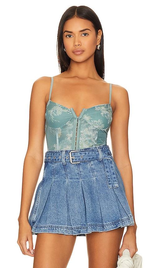 free people x intimately fp night rhythm corset bodysuit in sage combo in denim-medium.