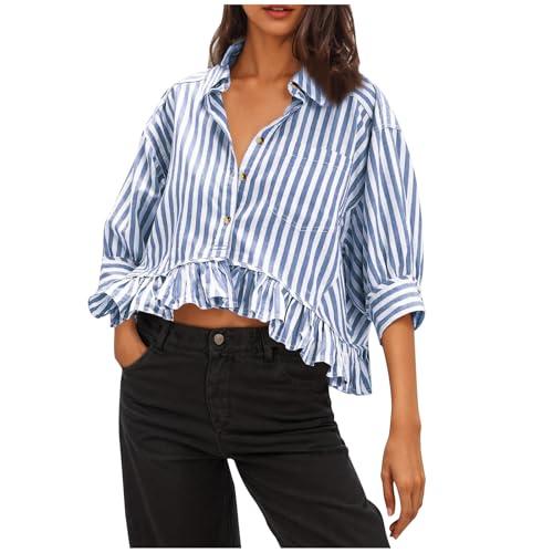 free top people, ruffled blouses for women striped button down shirt 3/4 sleeve dressy casual babydoll tops spring blouse outfits blue