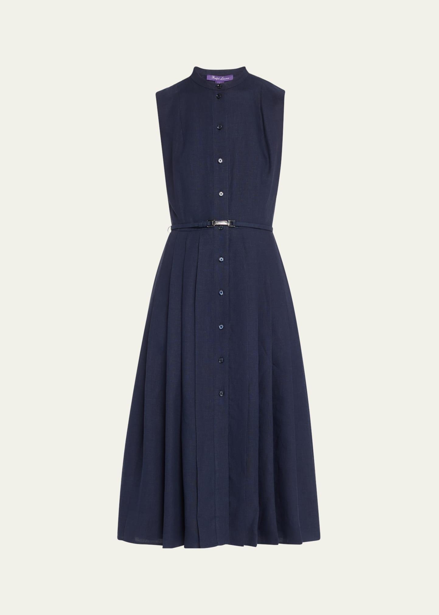 freida pleated leather belt midi linen dress