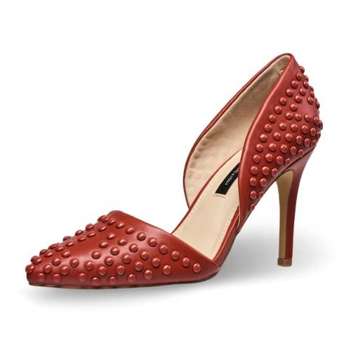 french connection forever women's pumps high heels pointy closed toe slip-on dress shoes with studs in red size 6.5