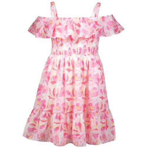french connection girls all over print soft casual dress - off the shoulder strap floral print ruffle smocked summer sundress for kids (pink, size 4/5)