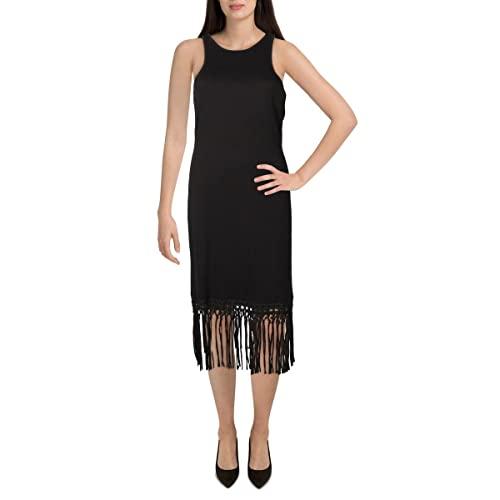 french connection women's sol fringe bodycon halter neck dress, black, s
