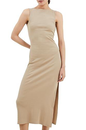french connection womens ribbed cotton midi dress beige m