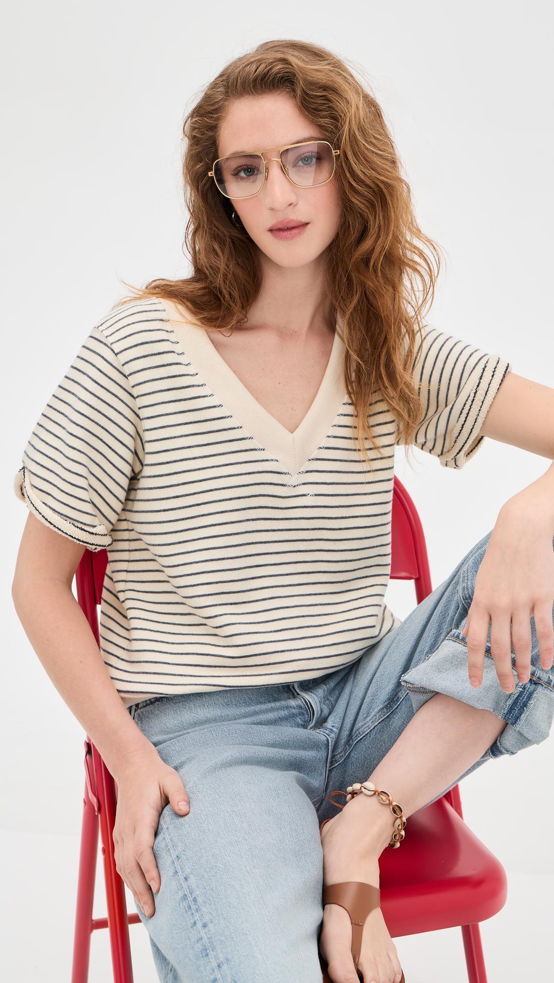 french terry stripe v-neck short sleeve sweatshirt