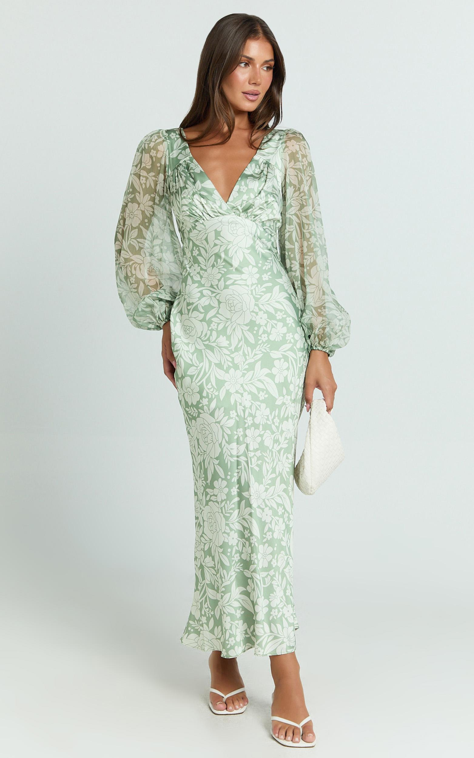 freollyn midi dress - deep v neck long sleeve dress in sage