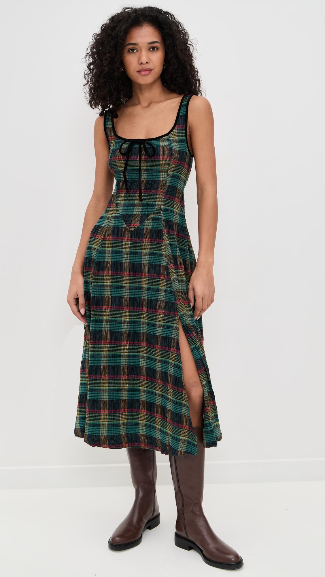 freya plaid midi dress