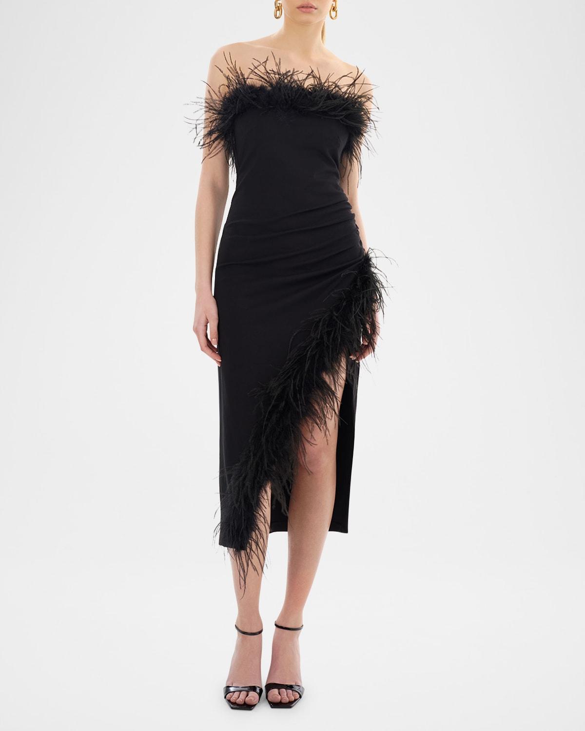 freya strapless feather-trim midi dress