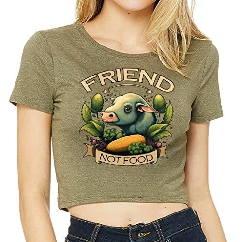 friend not food women's cropped t-shirt - cartoon crop top - cute cropped tee - heather olive, xs/s