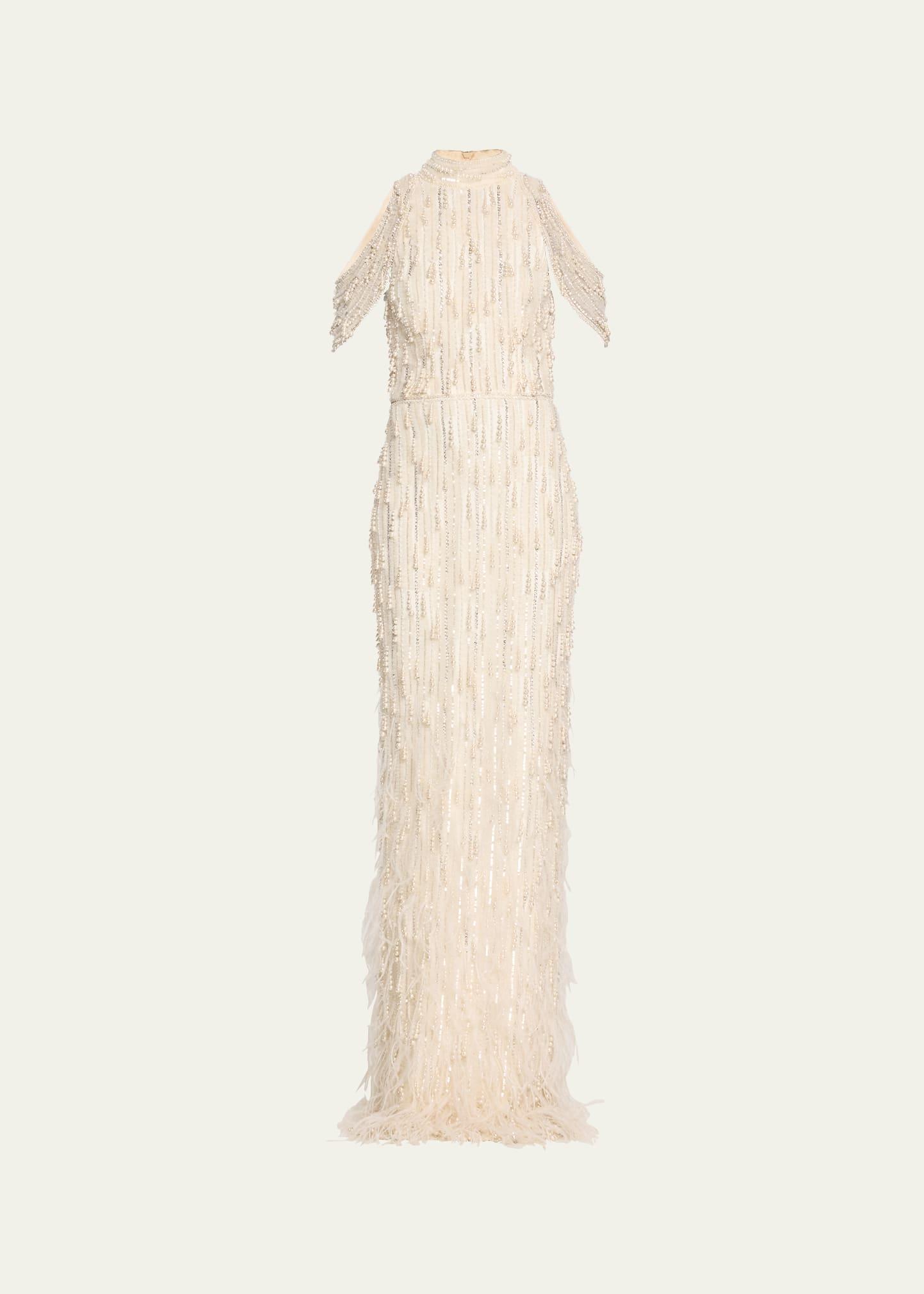 fringe beaded cold-shoulder tulle gown