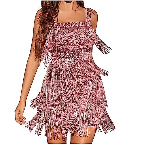 fringe dress women's sparkly sequin tassels fringe dress v neck spaghetti straps bodycon country concert outfits party clubwear pink sequin dress, pink l