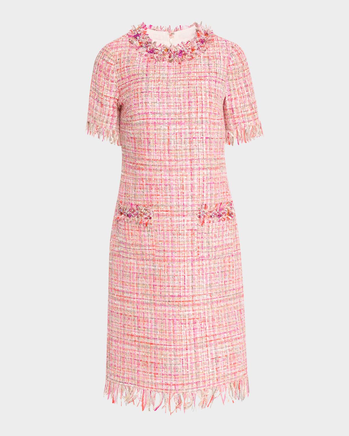 fringe-trim beaded tweed midi dress