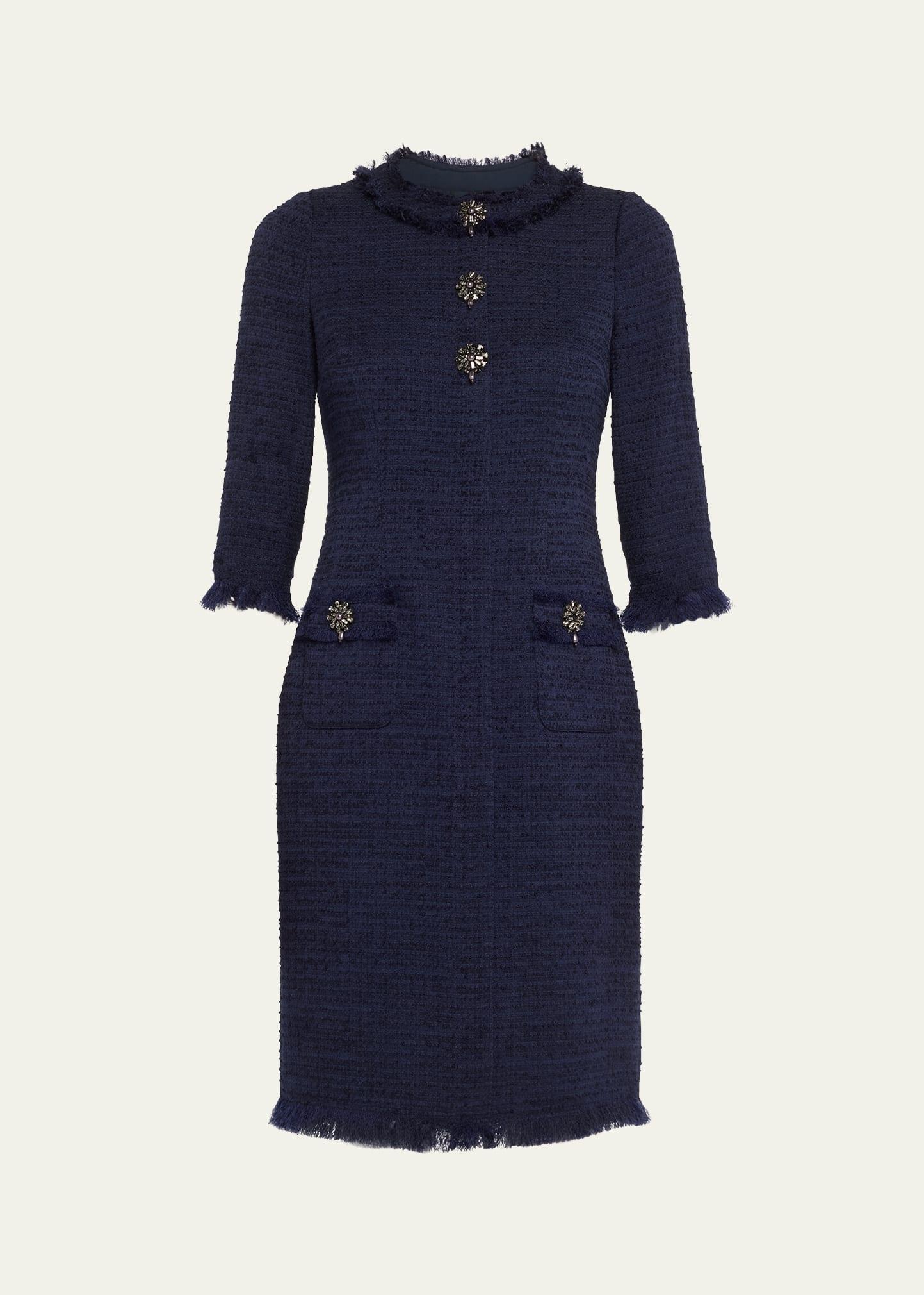 fringe-trim stretch boucle dress