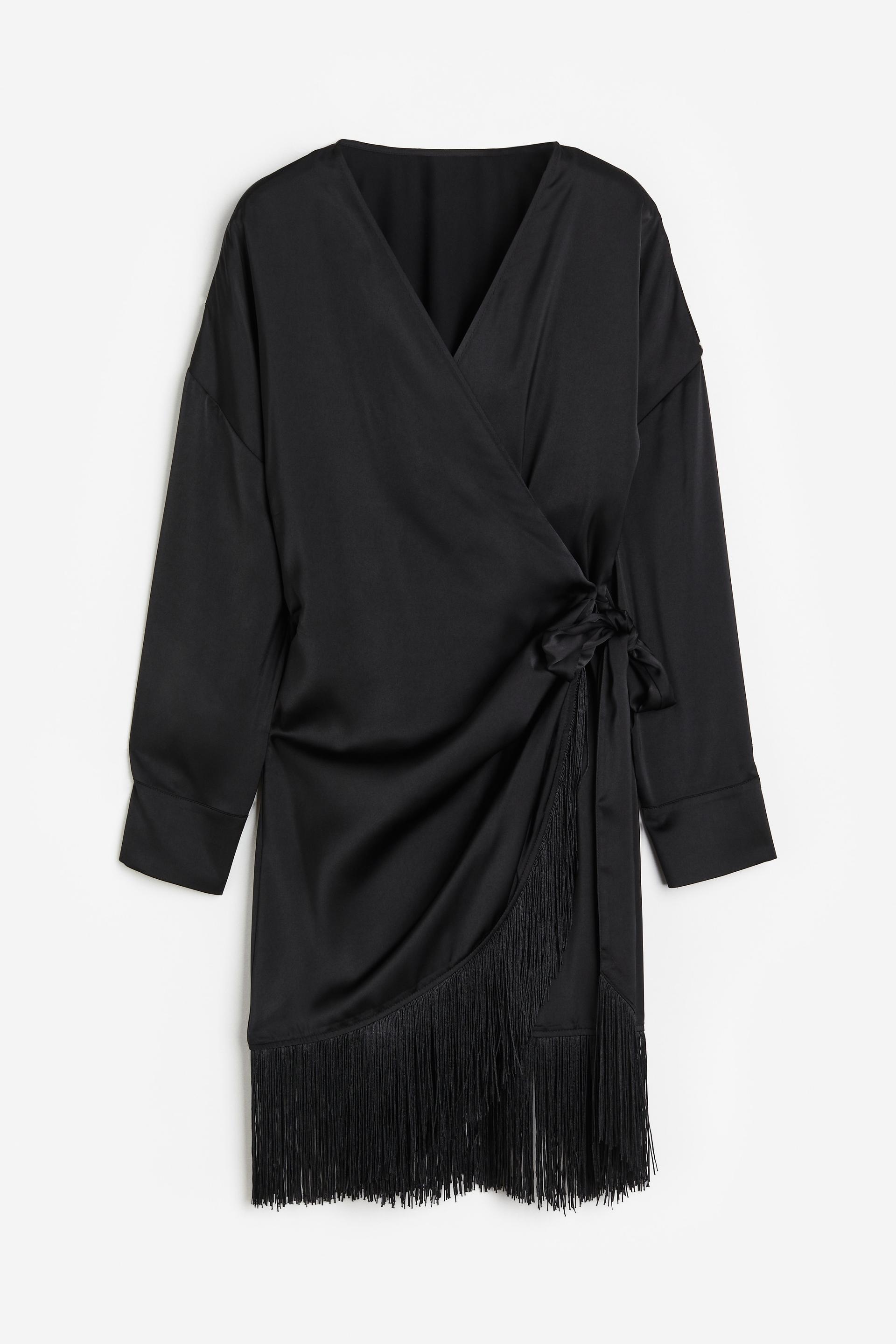 fringe-trimmed satin wrap dress