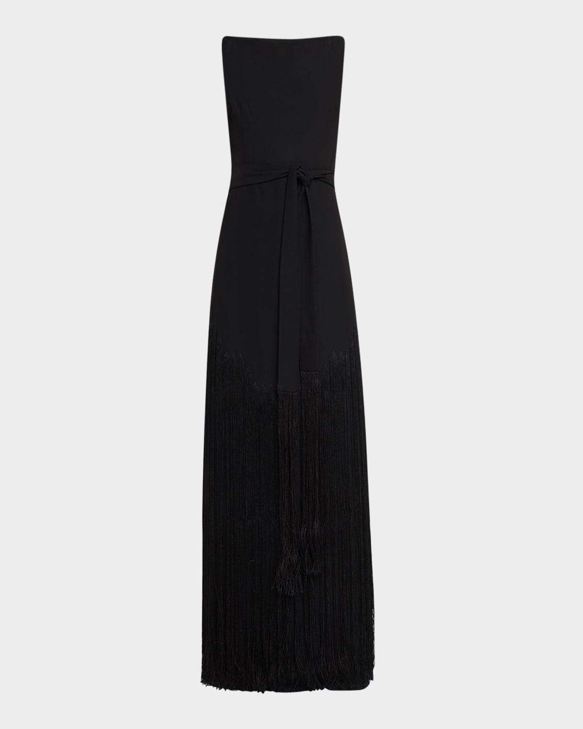 fringed crepe back satin gown with self-ties
