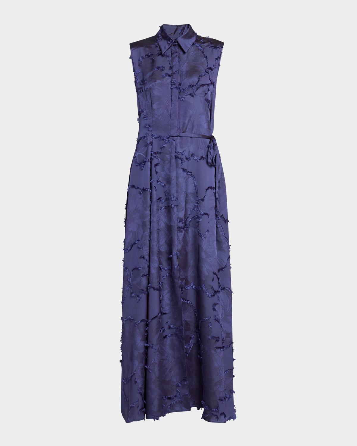 fringed fil coupe satin sleeveless collared gown