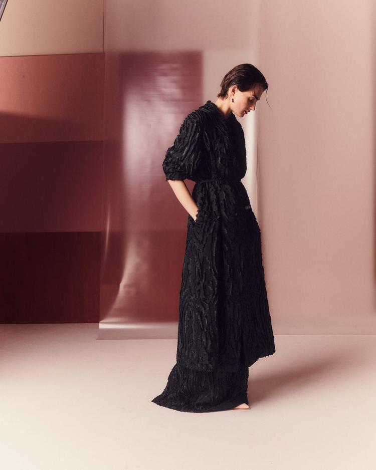 fringed jacquard column gown