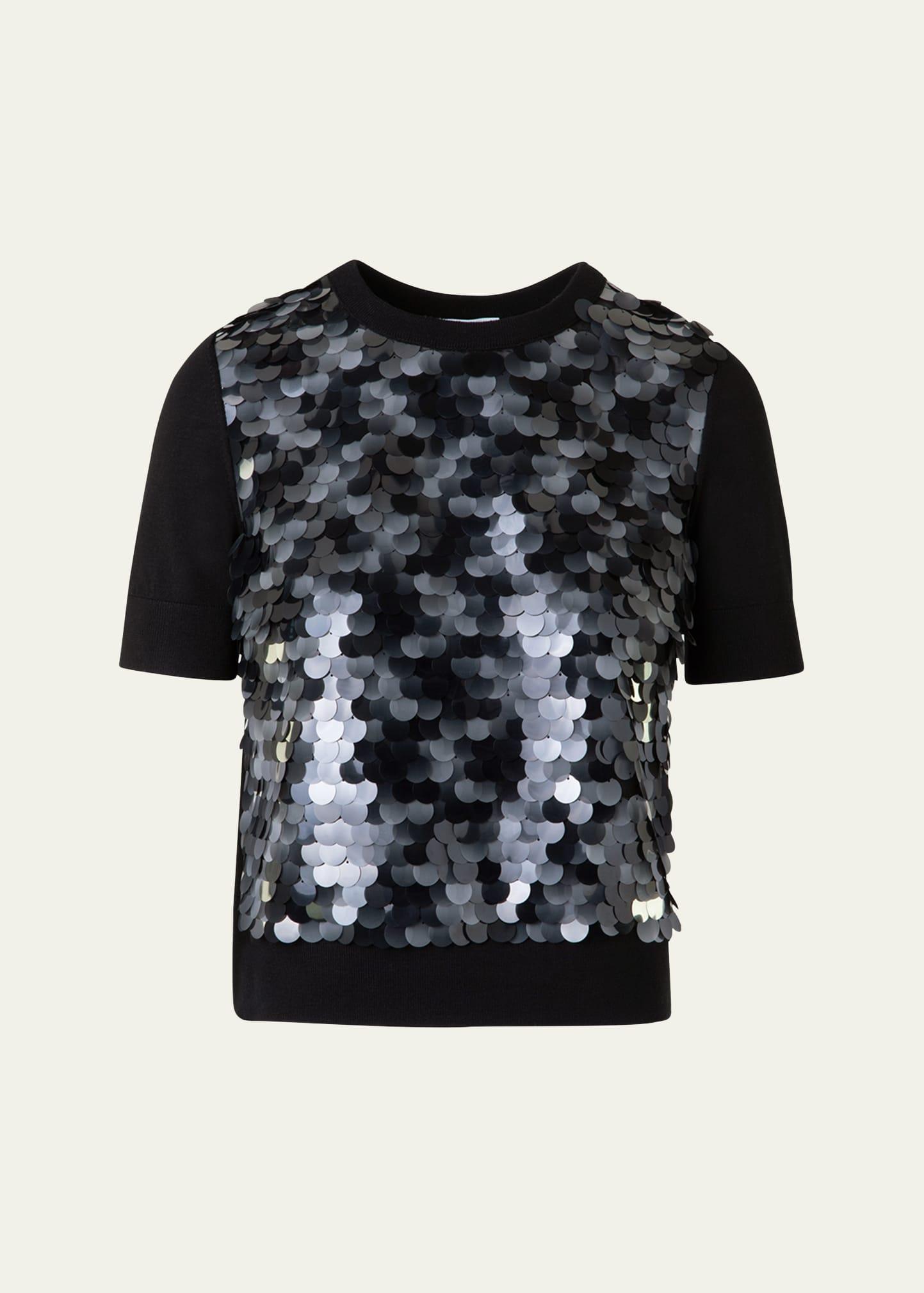 front sequined short sleeve wool sweater