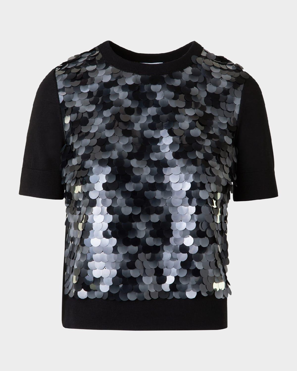 front sequined short sleeve wool sweater