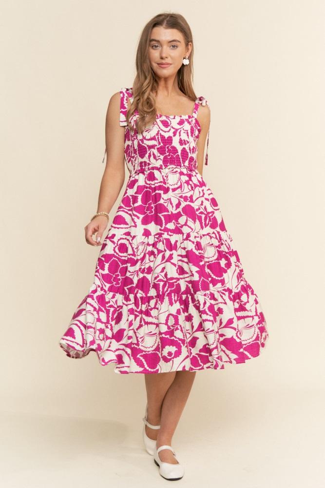 fuchsia bloom floral print tie strap smocked tiered dress