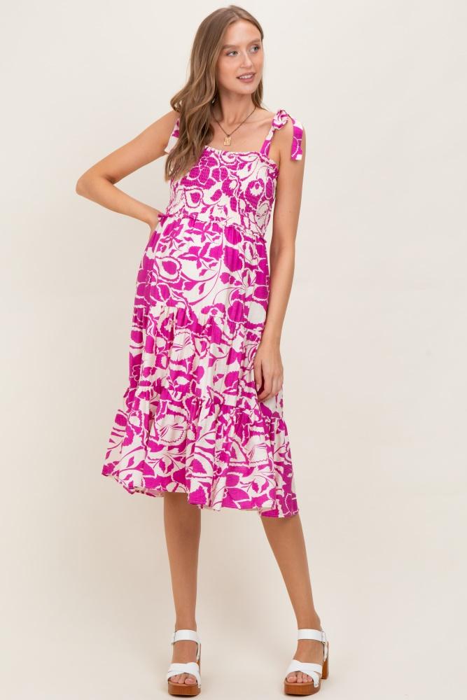 fuchsia bloom floral print tie strap smocked tiered maternity dress