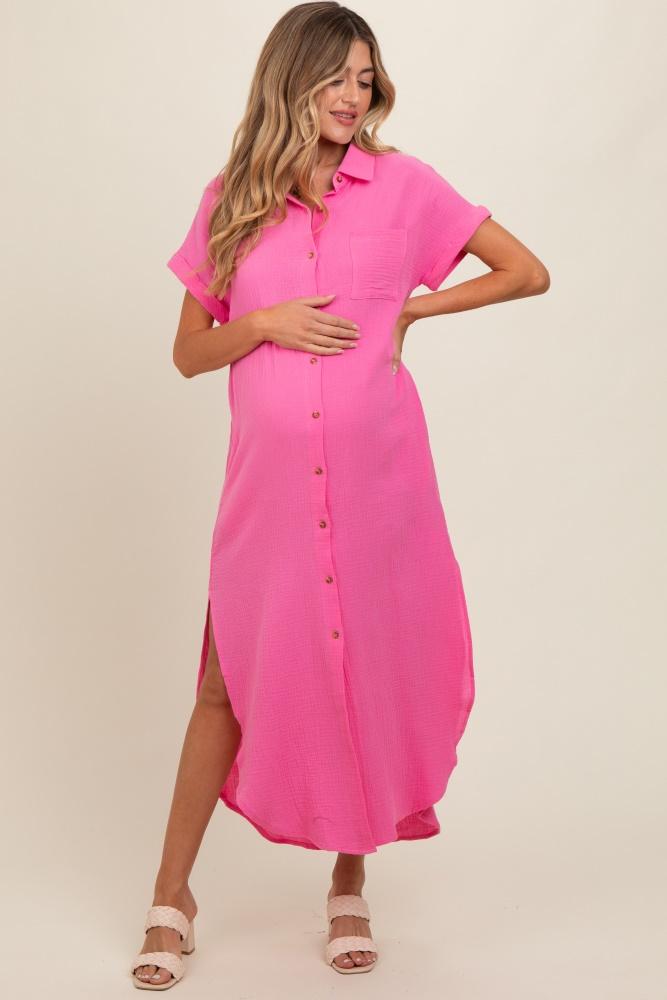 fuchsia button down maternity midi dress