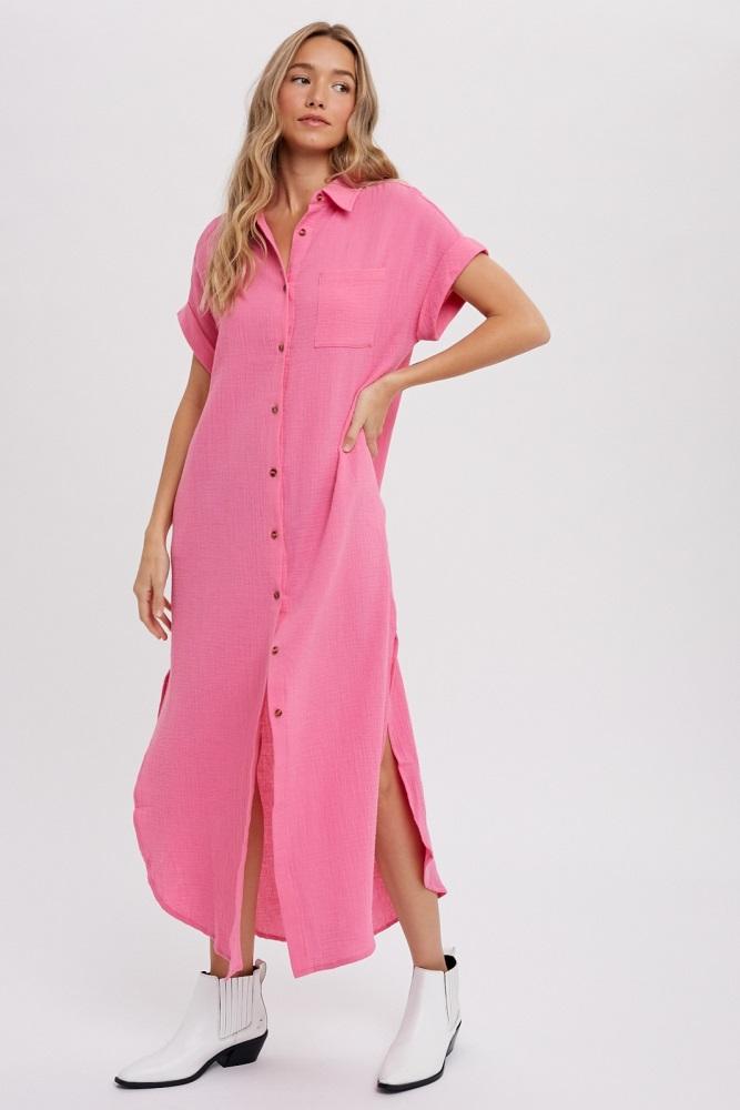 fuchsia button down midi dress