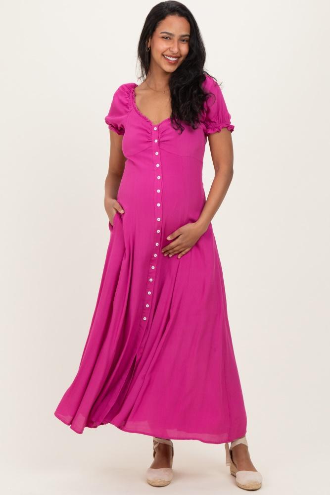fuchsia button down ruffle trim maternity maxi dress
