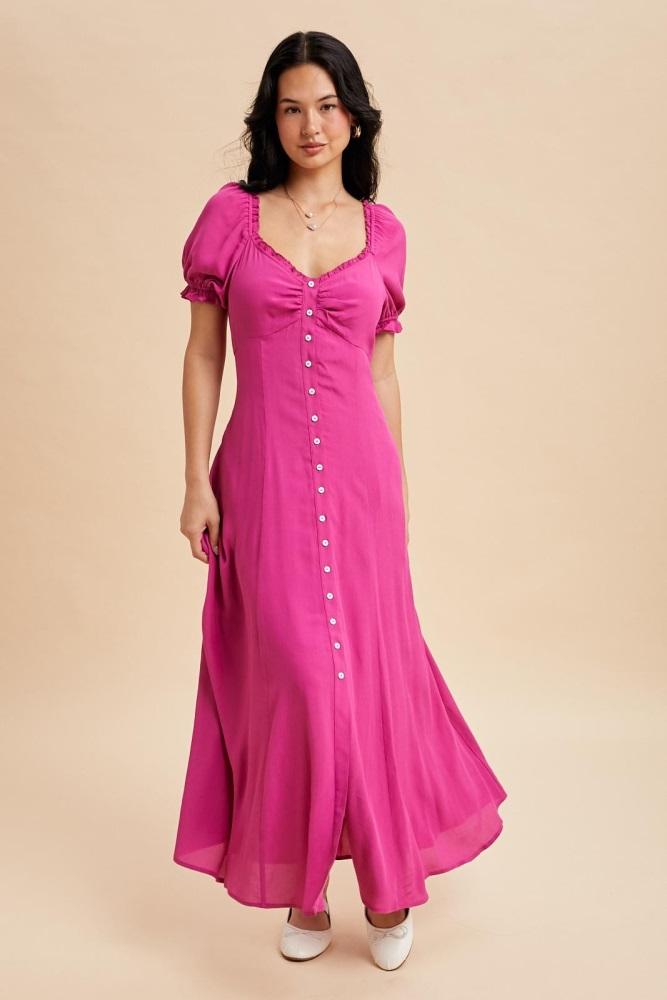fuchsia button down ruffle trim maxi dress