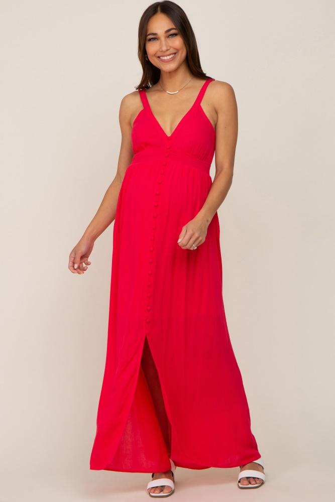 fuchsia button front accent maternity maxi dress