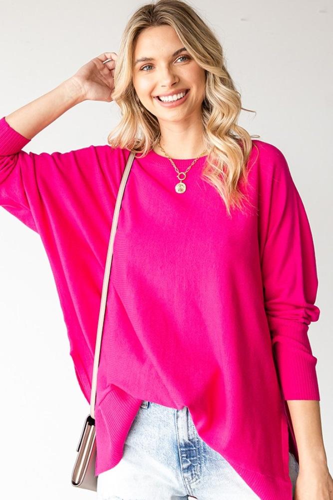 fuchsia dolman sleeve side slit sweater