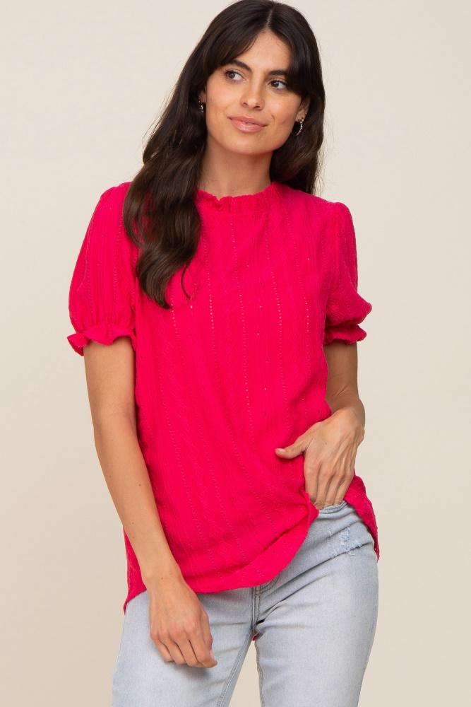 fuchsia eyelet textured mock neck top