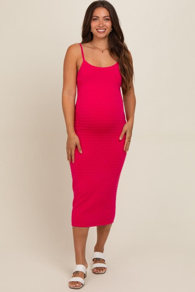 fuchsia fitted spaghetti strap maternity midi dress