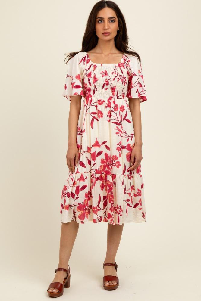 fuchsia floral smocked flutter sleeve midi dress
