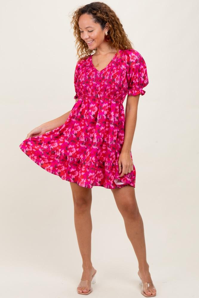 fuchsia floral smocked v-neck ruffle dress