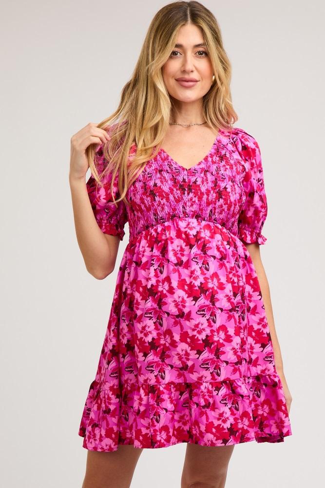 fuchsia floral smocked v-neck ruffle maternity dress