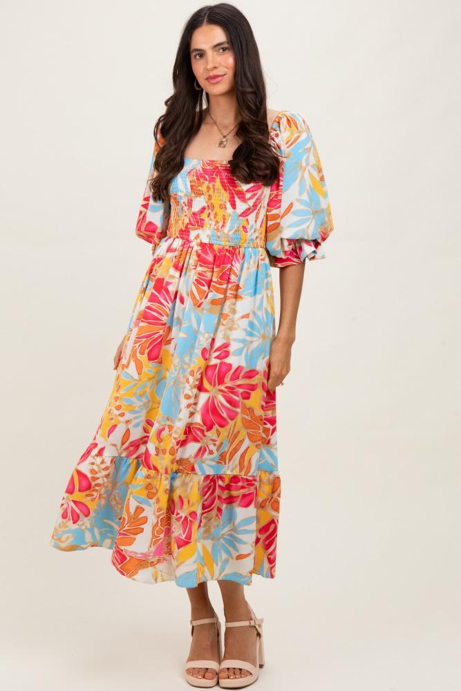 fuchsia leaf print puff sleeve smocked midi dress