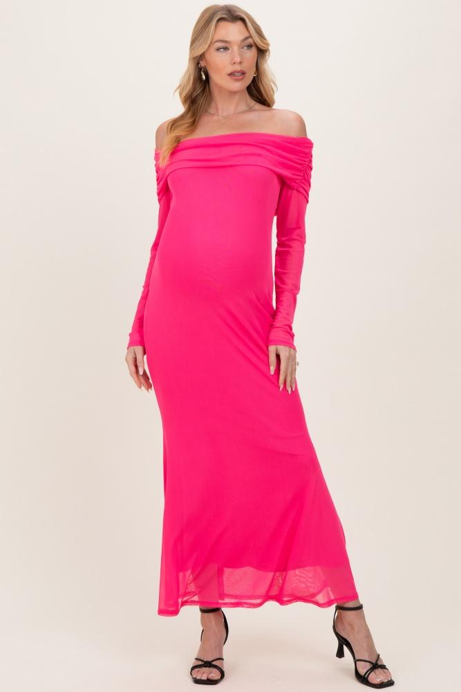 fuchsia mesh overlay off shoulder long sleeve maternity midi dress