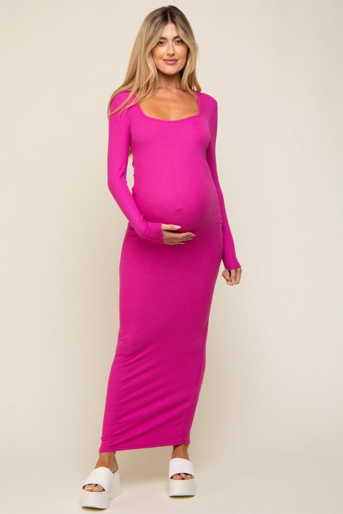 fuchsia ribbed long sleeve square neck maternity maxi dress