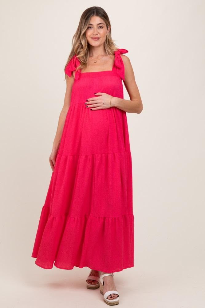 fuchsia shoulder tie tiered maternity maxi dress