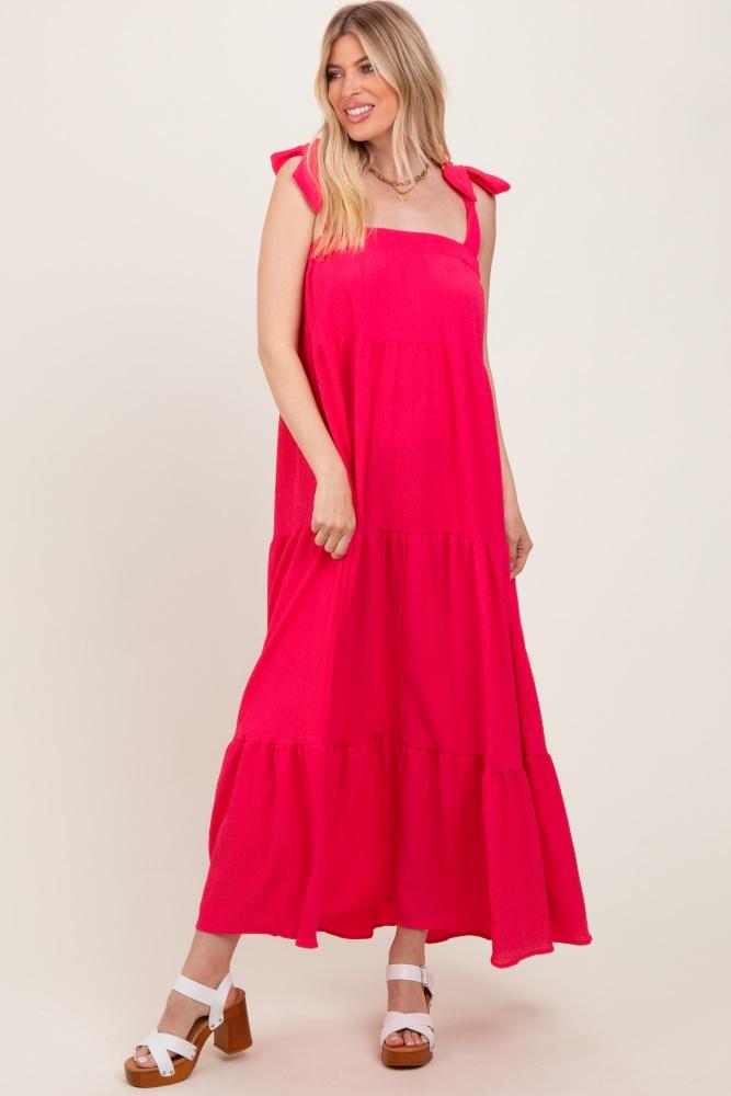 fuchsia shoulder tie tiered maxi dress
