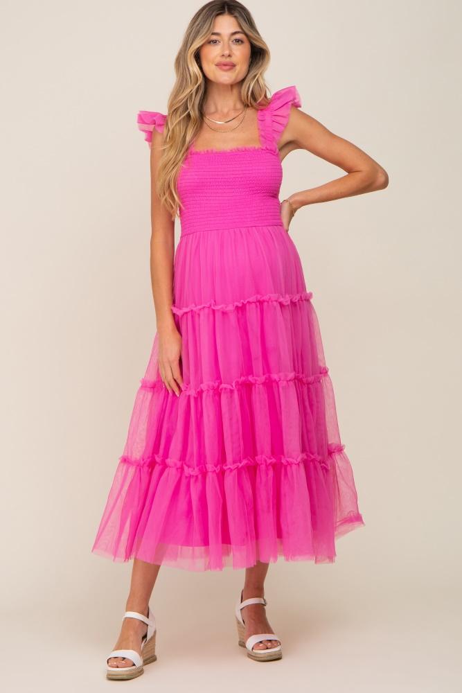 fuchsia smocked mesh ruffle accent maternity midi dress