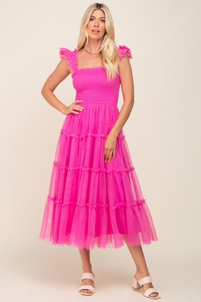 fuchsia smocked mesh ruffle accent midi dress