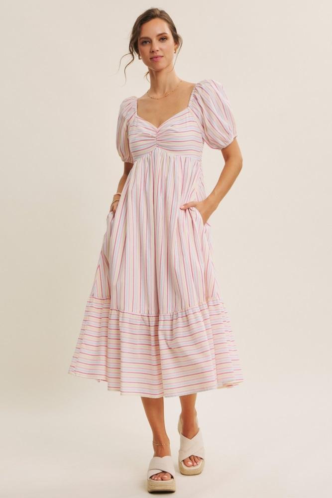 fuchsia stripe sweetheart neckline midi dress