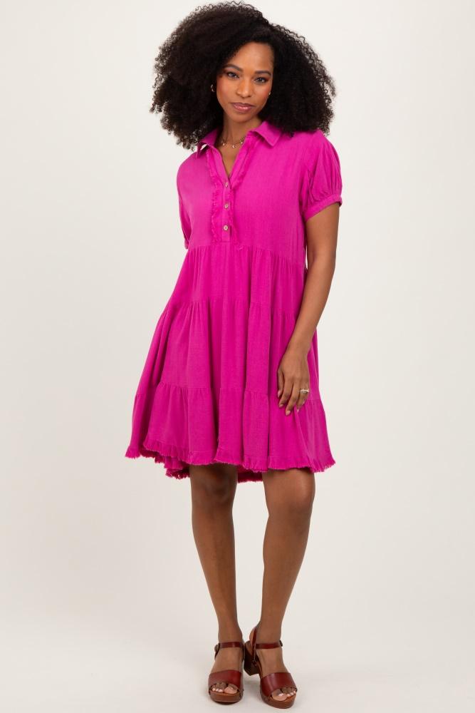 fuchsia tiered collared linen dress