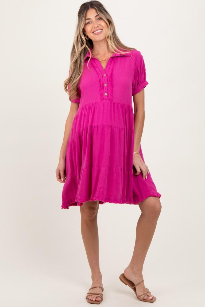 fuchsia tiered collared linen maternity dress