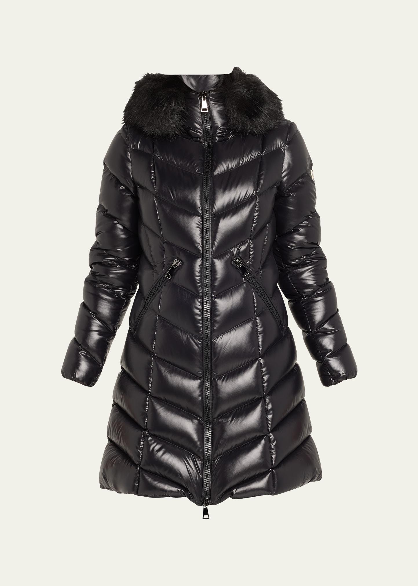 fulmarus chevron-quilted long puffer coat with faux fur trim
