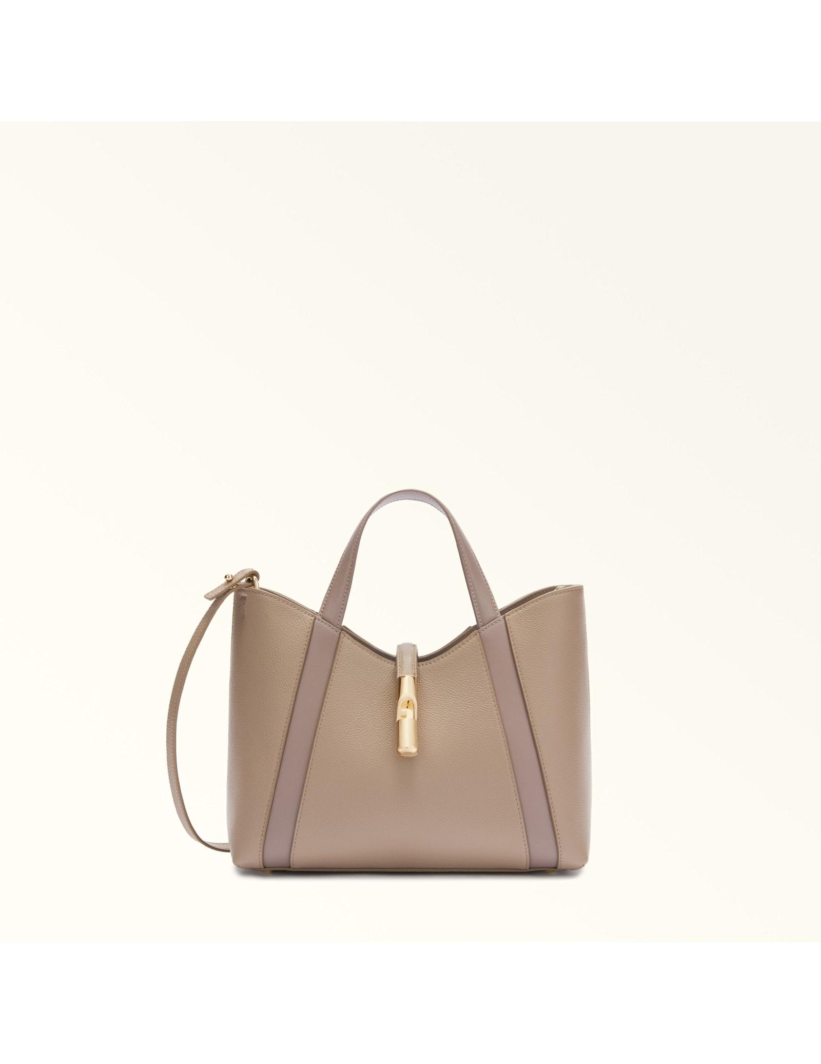 furla goccia s tote bag in stucco color leather