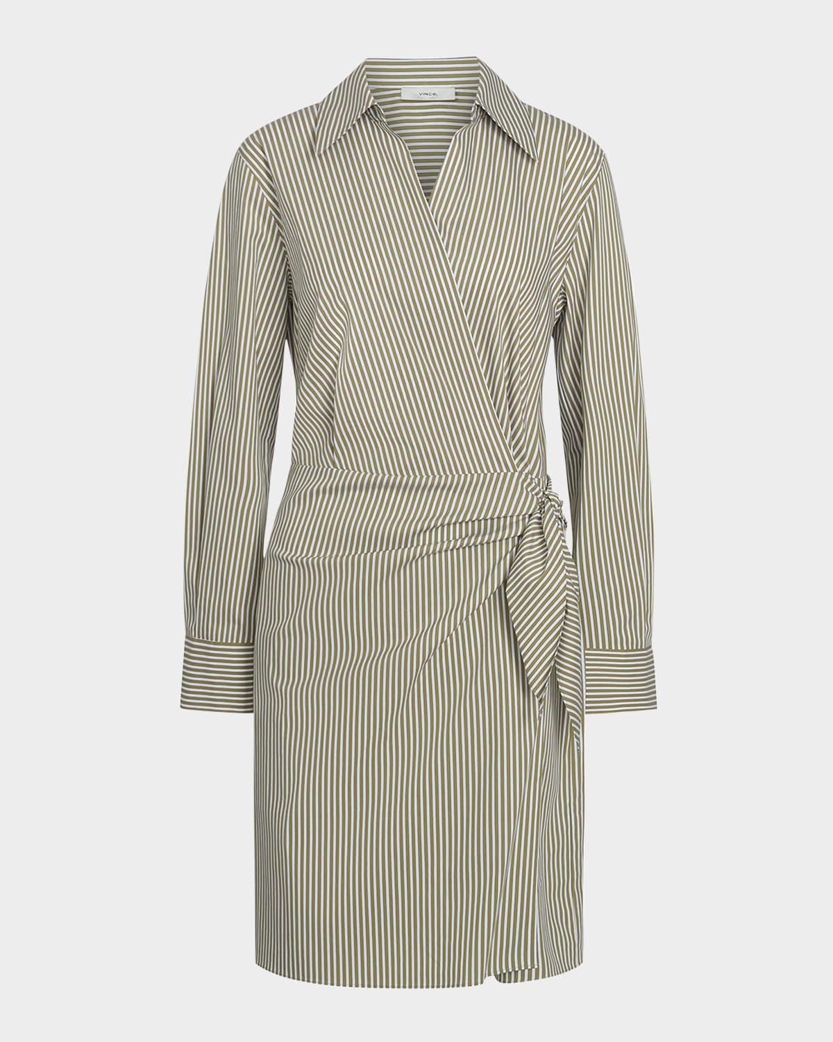 furrow-stripe long-sleeve wrap dress