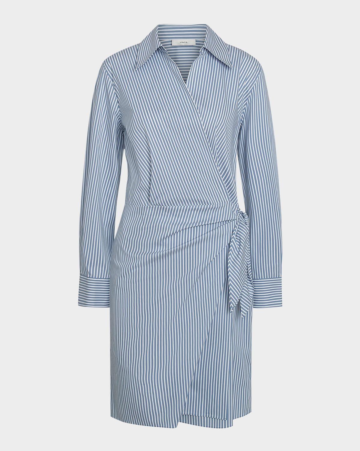 furrow-stripe long-sleeve wrap dress