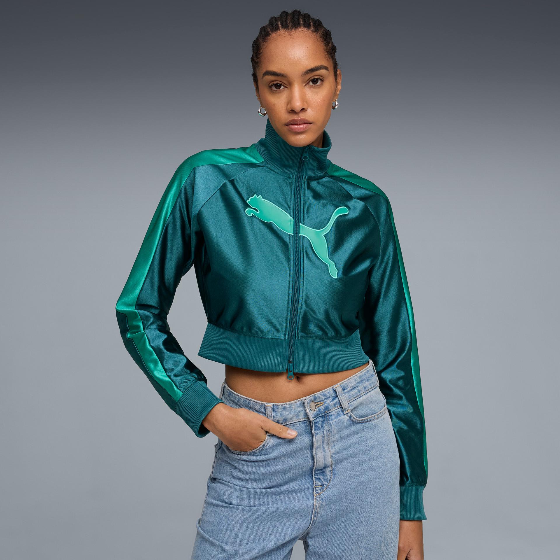 future.puma.archive t7 women's cropped track jacket in green, size s